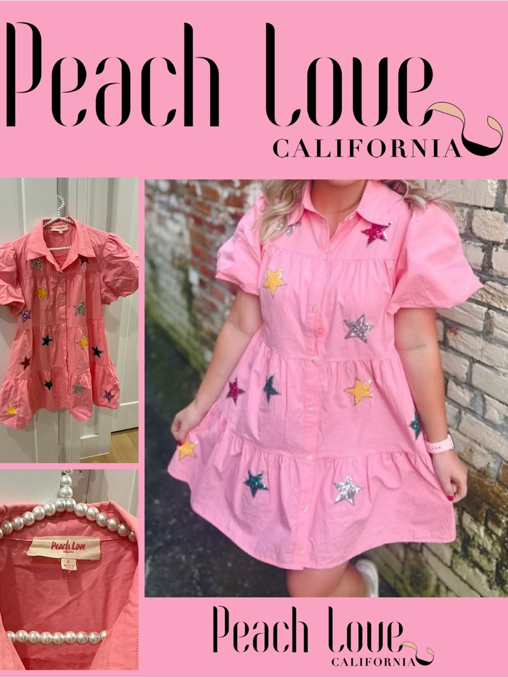 Peach Love California Pink Star Embellished Tiered Dress